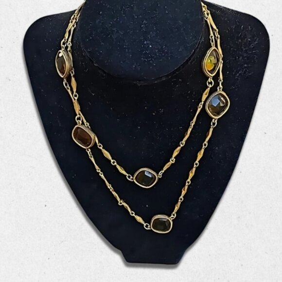 Vintage Glass Stones Layered Necklace Gold Tone Chain Slip On Olive Green W OS - Picture 1 of 3